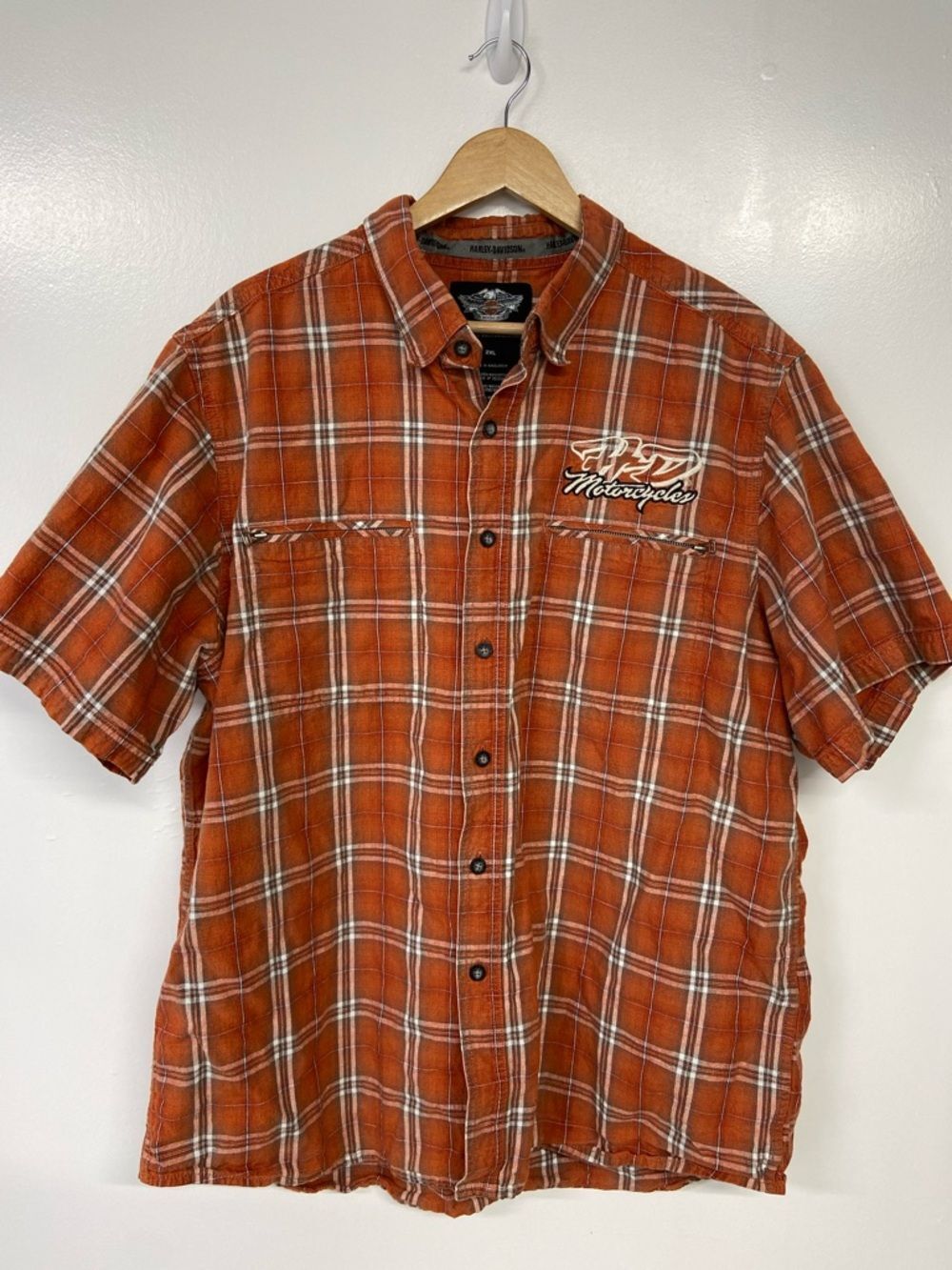 Harley-Davidson Orange White Plaid Short Sleeve Button Shirt Size 2X